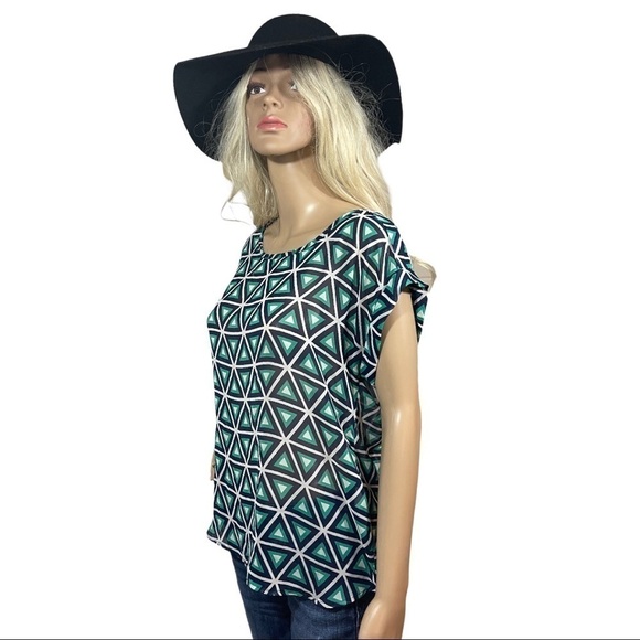 Papermoon Green, blue & white geometric print sheer top - Picture 1 of 10